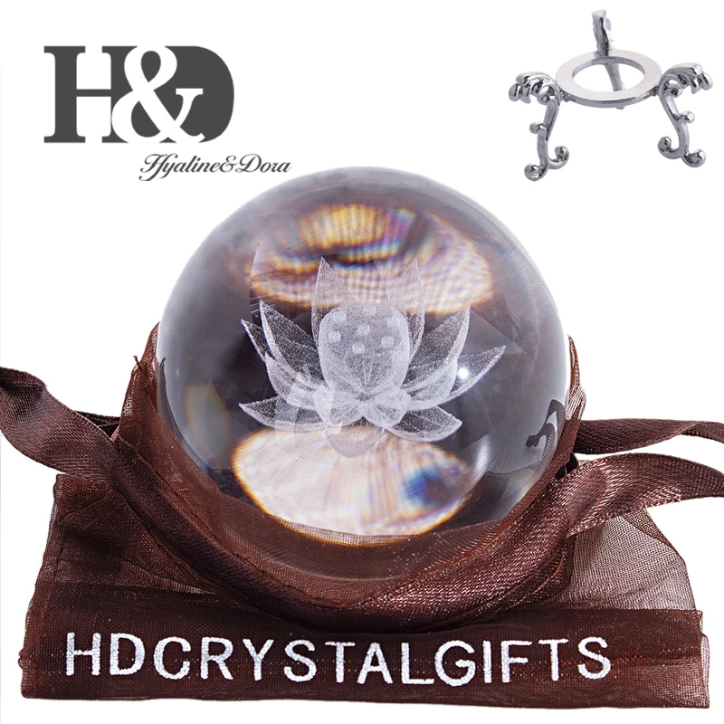 H&D 60mm Inner Carving Lotus Flower Crystal Ball Paperweight with Stand Glass Sphere Healing Meditation Ball Fengshui Home Decor