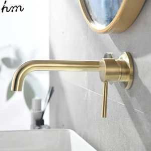 hm Modern Design Concealed Wall Mounted 2 Holes Brushed Gold Brass Basin Faucet for Bathroom Hotel