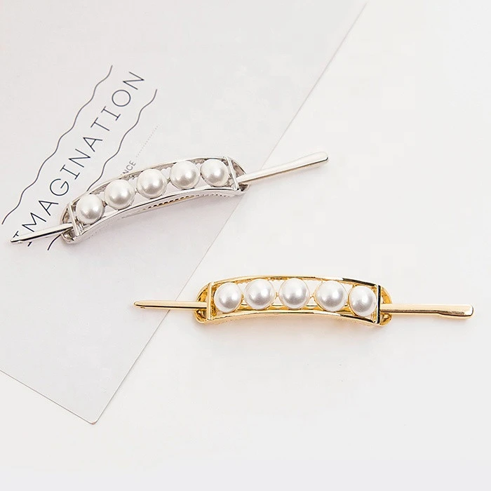 Hot sale zinc aloy circle hollow hair sticks with pearl beads tiara metal hair claw geometrical clips for women golden