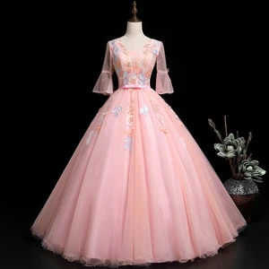 HQ183 See Through Long Sleeves V-neck Prom Gowns Evening Dress Shinny Organza Ball Gown Night Party Wear Evening Prom Dress