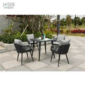 In stock outdoor aluminium plastic rope bistro set restaurant table with chair dining set