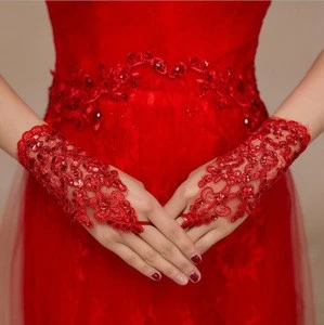 Instyles New White ivory Black Red Lace Beading Fingerless Wedding Glove Bridal Glove FL005