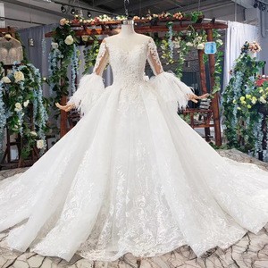 Jancember AHTL615 Elegant ostrich feather White Tulle and Lace Bridal Gown with Appliqued Wedding Dress