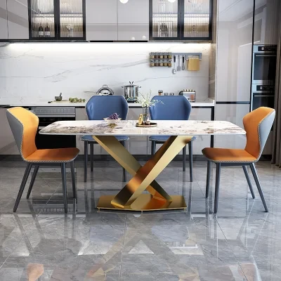 Large Modern Marble Dining Table for 6-8 People Rectangular Kitchen Dining Room Table with Brushed Stainless Steel Frame