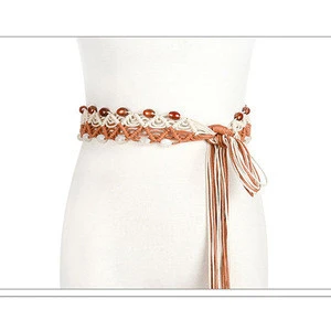 Luxury Womens Stone and Wood Braided Self Tie Wrap Chain Belt with Tassel