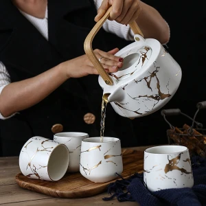 Marbled Japanese Porcelain Afternoon Tea Ceramic Cup With Wooden Base Teapot Coffee & Tea Sets