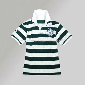 Men&#39;s cotton green and white striped short sleeve rugby shirt