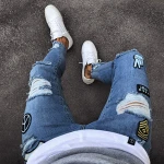 Mens Stretchy Jeans Ripped Skinny Biker Jeans Destroyed Taped Slim Denim Pant