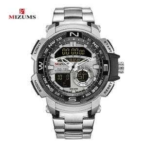 mizums M8007 Military Wrist LED Digital Sport Watch Men Gold Stainless Steel Band Dual Time Quartz Clock Man Relogio Masculino