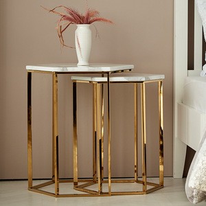 Modern Living room furniture gold stainless steel legs white marble top nesting coffee table set