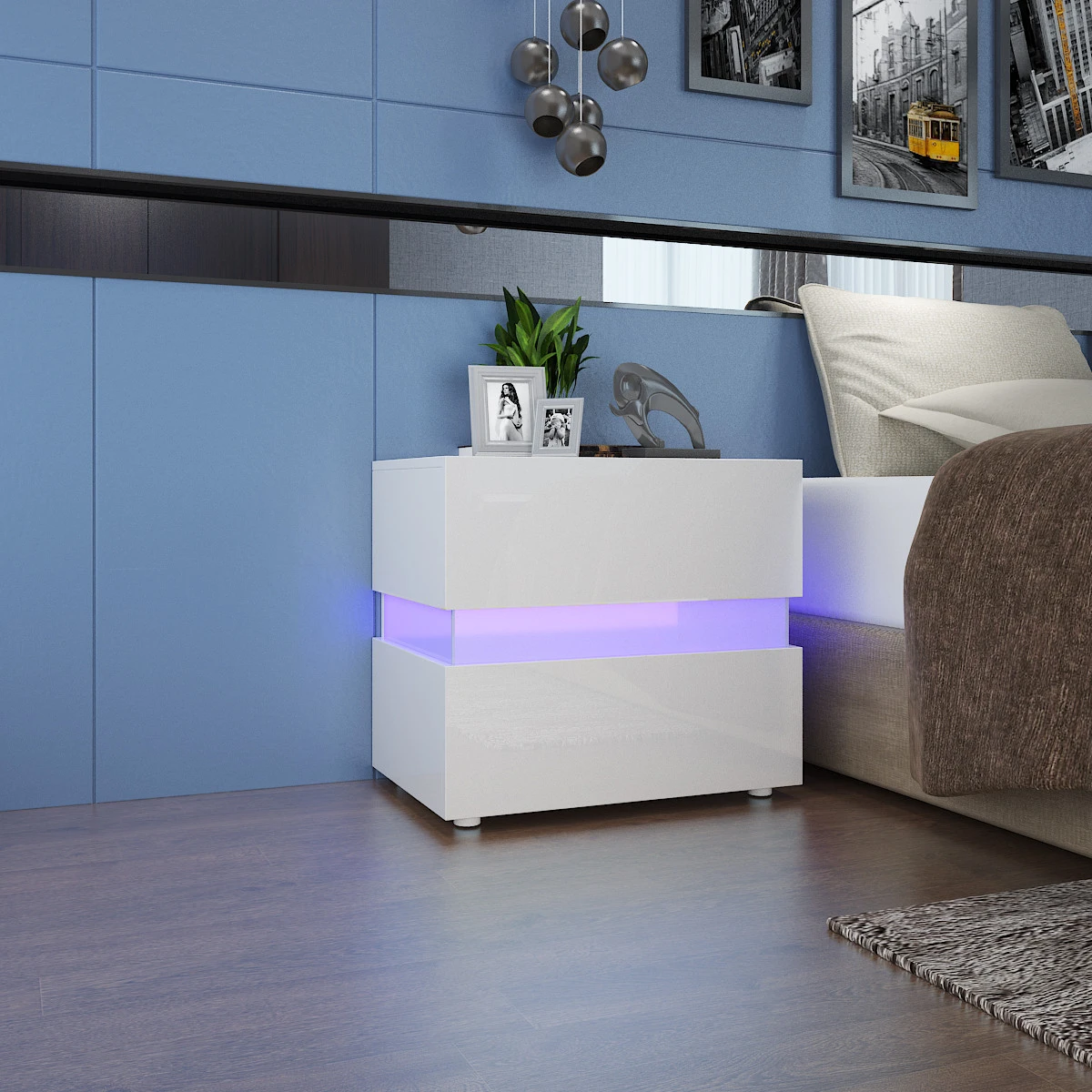 Modern minimalist bedside table bedroom home with two storage drawers and 16-color remote control LED lights