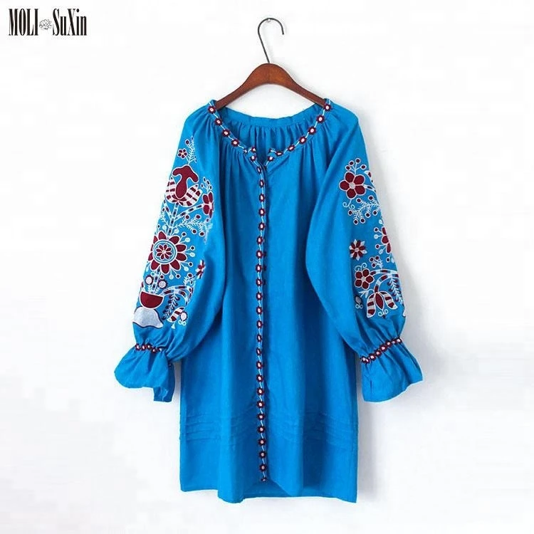 MOLI Wholesale Clothing Embroidered Vintage Flora Boho Style Peasant Mexican Dress