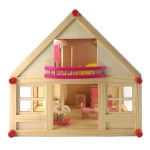 Natural color wooden doll house with furniture DIY pretend play toy