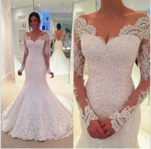 New Design V-neck Long Sleeve Floor Length Ivory Embroidered Lace Applique sparkly plus size classic wedding gown dress