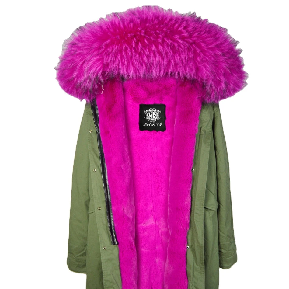 New Style Rose Red Fur Lined Parka Winter Faux Fur Garment Long Coat For Women Showy Color Wear Ladies