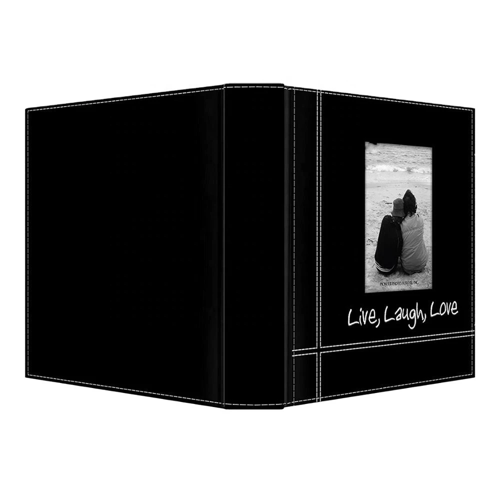 Photo Albums Embroidered Live Laugh Love Black Sewn Leatherette Frame Cover Album for 4&quot;x6&quot; Prints