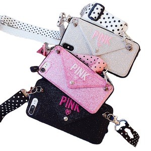PHT-050 Embroidered Design Glitter Phone Case Luxury Shining Mobile Phone Cover with Back Card Wallet Crossbody Strap Phone Case