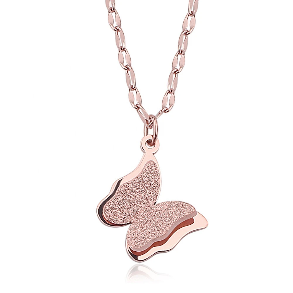 Popular Stainless Steel Rose Gold PVD Plated Pink Butterfly Necklace Women Jewelry Accessories