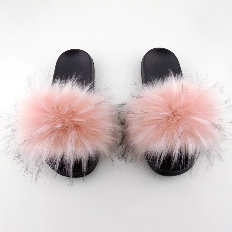 Popular super custom slides slippers with raccoon fur pompon
