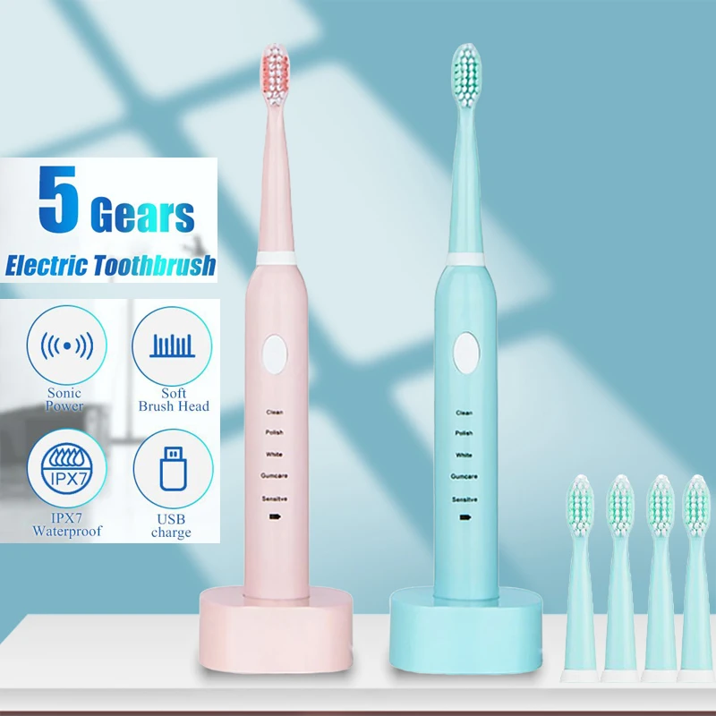 Rechargeable Electric Toothbrush Ultrasonic Powerful Automatic Smart AdultTooth Brush with Replacement Toothbrush Heads 5 Modes
