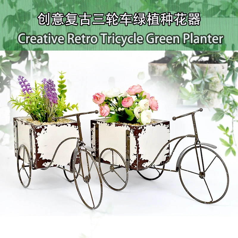 Retro distressed garden cart flower pot rack iron bicycle flower rack with basket