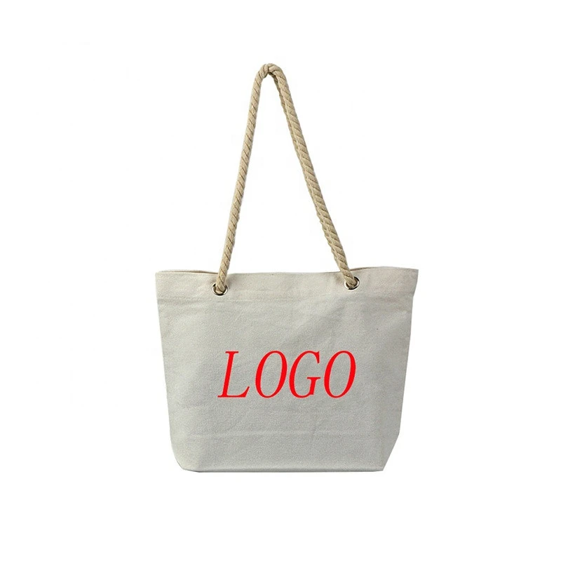 Reusable custom print canvas rope handle beach wholesale standard size tote carry cotton shopping bag with logo