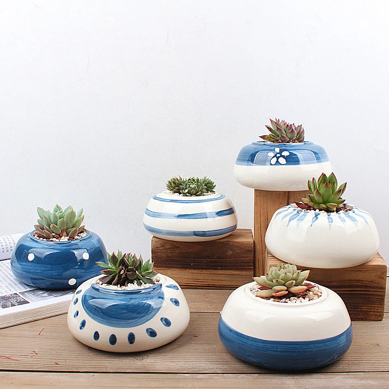 Set of 6 pcs Blue Painting Ceramic Planter Succulent Plant Pot Handmade Porcelain Desktop Bonsai Planter Home Decor Flower Pot