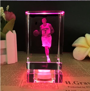 Sport basketball souvenir 3d laser photo crystal cube with led light base/crystal 3d led cube for birthday gift