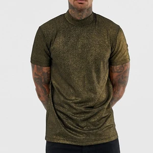 streetwear shiny summer turtleneck t-shirt in gold metallic rib fabric