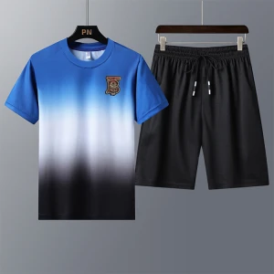 Summer mens clothing custom 100% combed cotton fitness gradient color tie-dye T-shirt shorts suit men