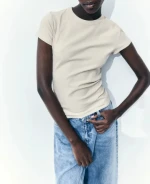 Summer threaded womens crewneck short-sleeved basic cotton-jersey slim fit solid color T-shirt
