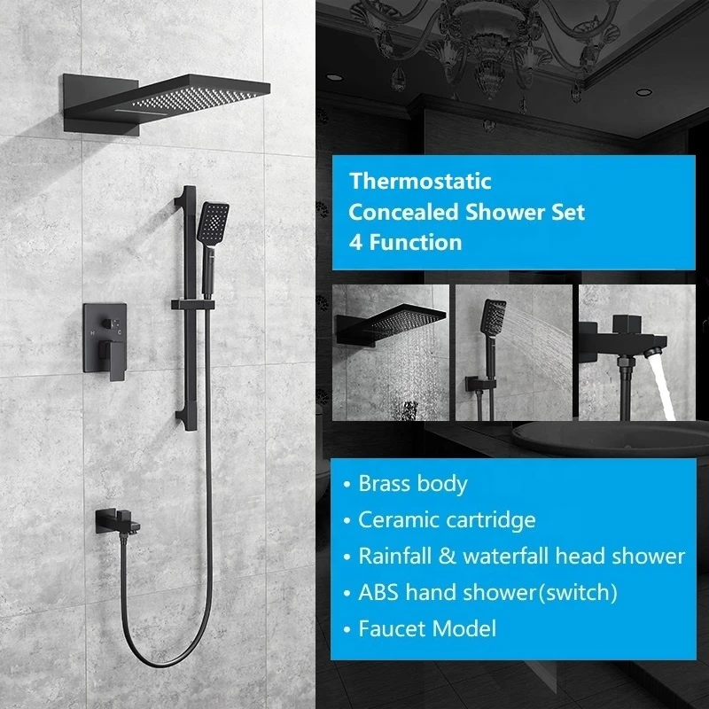 Thermostatic Black  in wall mounted bathroom rainfall waterfall shower set with hand shower