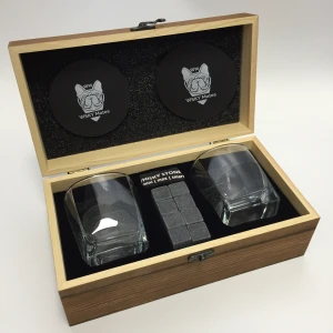 Whiskey Stones Set with 2 Crystal Whiskey Glasses, Stainless Cigar cutter by gift wood box Gifts BLACK FRIDAY
