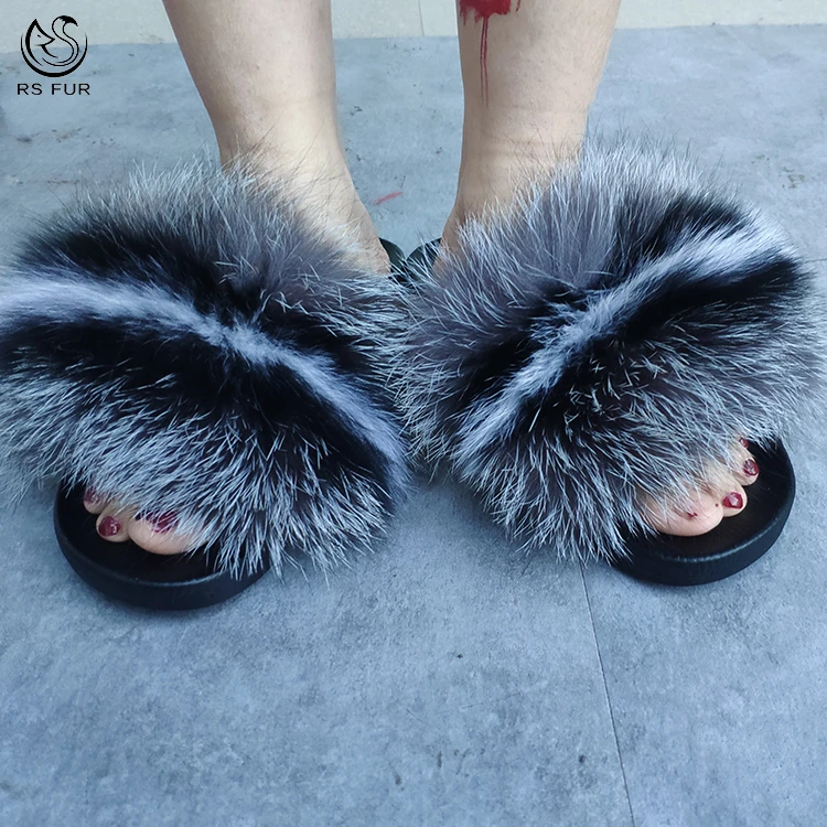 Wholesale Real Fluffy Fur Slides Mixed Color Women Raccoon Fur Slippers Sandals
