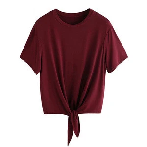 Wholesale solid color women blank t-shirts casual loose fit tie front knot t shirt women