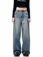 American Vintage Blue Straight-leg Jeans Unisex Loose-fit Casual Trendy Simple Style