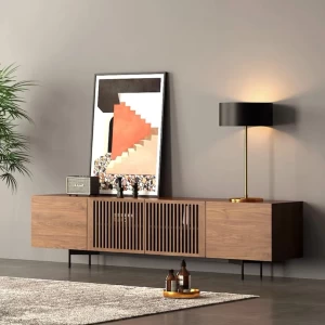 Modern Solid Wood TV Stand, Slatted Media Console with Tall-cast Metal Legs, Walnut Veneer, Fully-Assembled