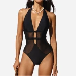 Mesh Plunging Halter One Piece Swimsuit
