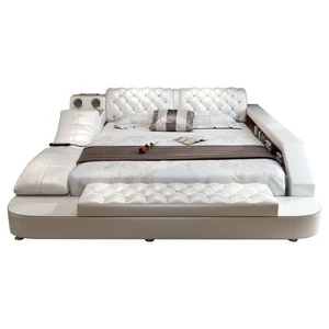 100% cow hide skin genuine leather bed with massage/speaker/bluetooth function Modern multifunctional bed