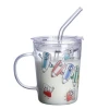 12 oz Reusable Kids Drinking Cup with scale Children Drinking Glass Cup with straw Handle for Milk Water Juice Bubble Tea