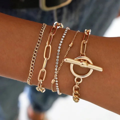 18K Gold Plated Alloy Geometric OT Button Charm Pendant Bracelet Crystal Diamond Zircon Multi-layer Bracelet
