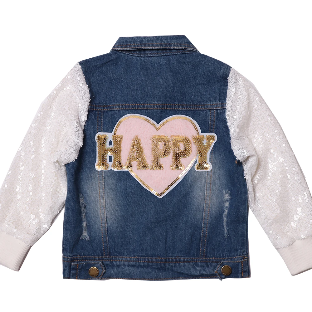 2020 Hot Sale Little Girl&#x27;s coat Heart-shaped Printing Sequined Long Sleeve  Baby Girl&#x27;s Demin Jacket