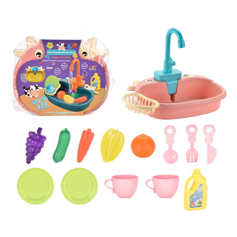 2021 Kitchen Cartoon Calf Sink Electronic Automatic Water Cycle System Dishwasher Plastic Toys Role Play Kitchen Cleanses Wash