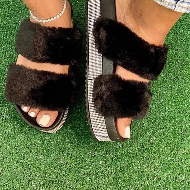 2021 New Fur Slides Slippers For Woman Hotel House Cute Sandals Women Winter Warm Furry Slides Wedge Fuzzy Slippers Footwear