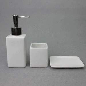 4 Piece White Ceramic Bathroom Set - Pump Soap Dispenser, Tumbler Cup & Soap Dish Tray