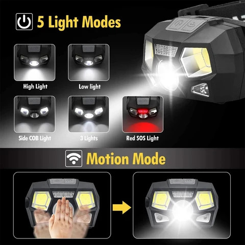 5 Modes XPE+COB Motion Sensor Headlamp Flashlight Waterproof Camping USB Rechargeable LED Head Lamp Running Fishing Headlight
