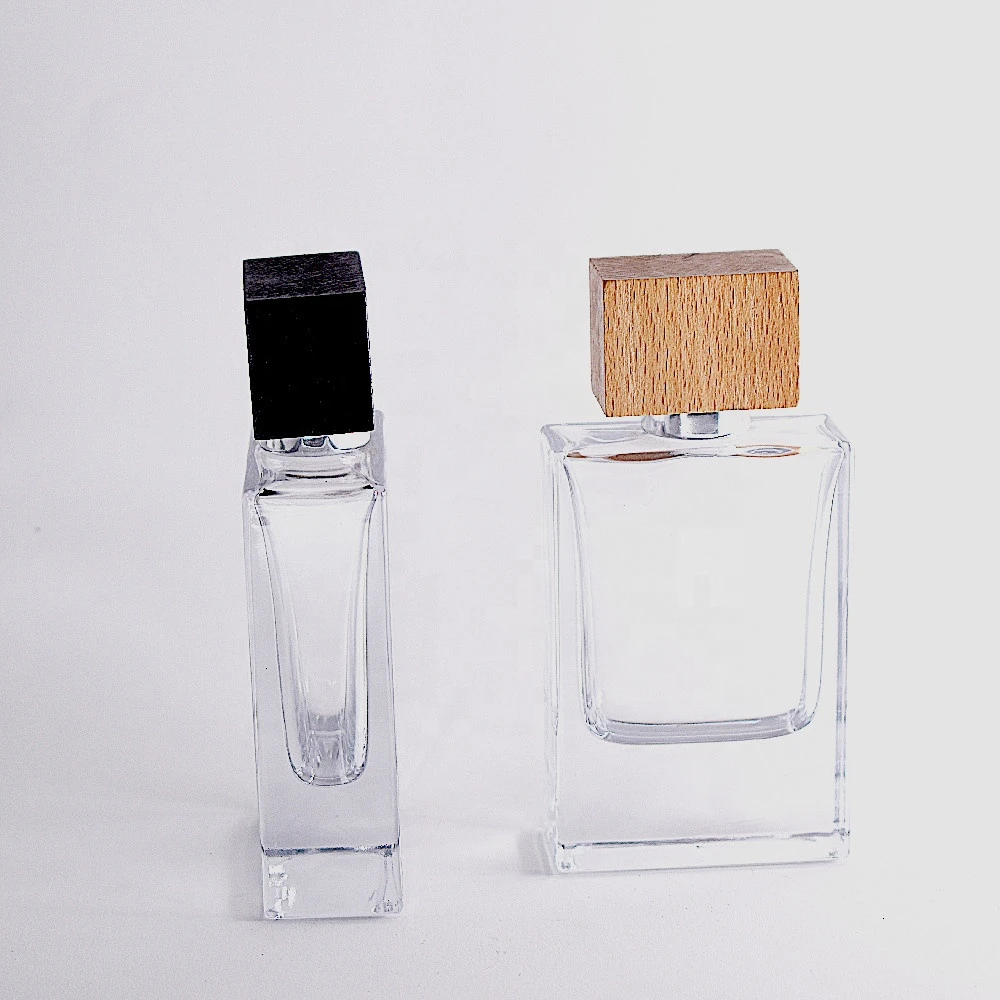 50ml Perfume Packaging Square  Glass Perfume Cologne Bottle With Wood lids
