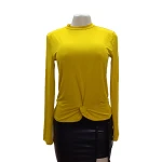 7196# casual t shirt for women  long sleeve round neck yellow color knob design ladies' blouses tops