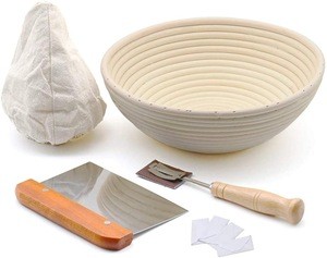 9&#39;&#39;/10&quot; Round bread proofing basket set with cloth liner for sourdough, includes metal dough scraper, bread lame