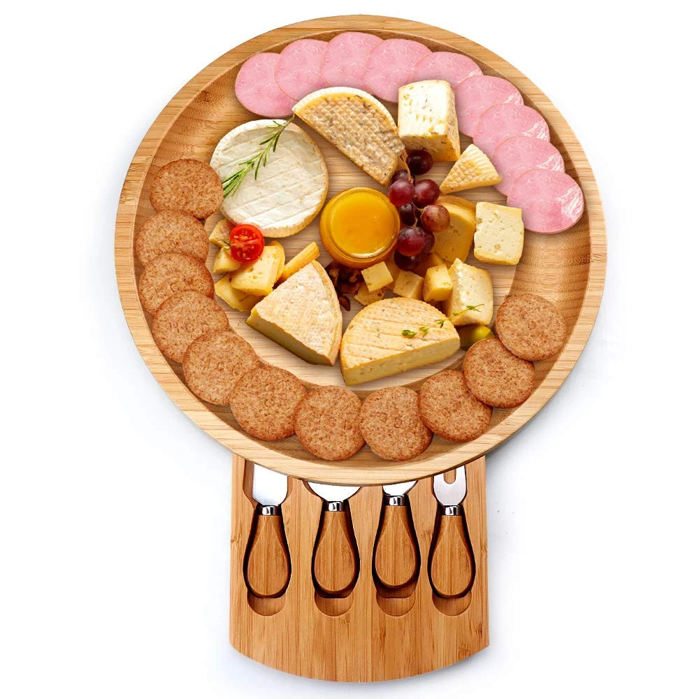 Bamboo Cheese Board Set with Cutlery in Drawer Charcuterie Platter and Serving Tray with Cheese Knife